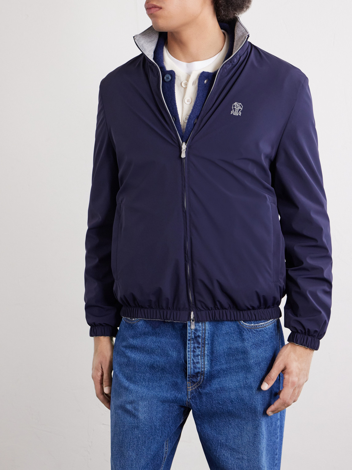  Brunello Cucinelli - Logo-embroidered Shell Blouson Jacket - Men - Blue - S 