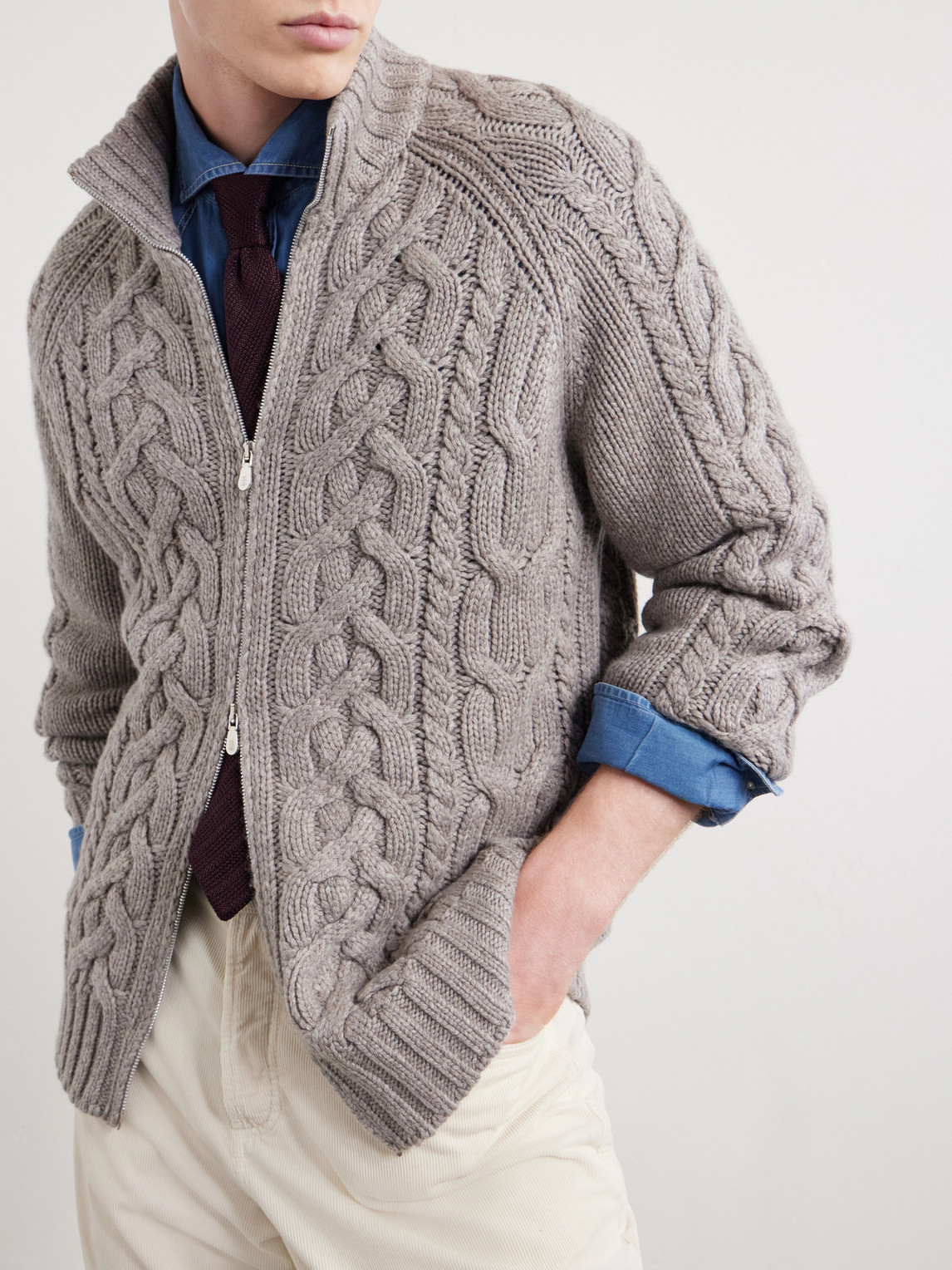 Cable-Knit Cashmere Zip-Up Sweater