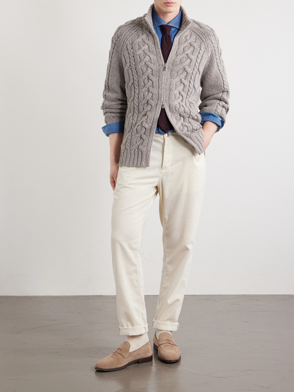 Cable-Knit Cashmere Zip-Up Sweater