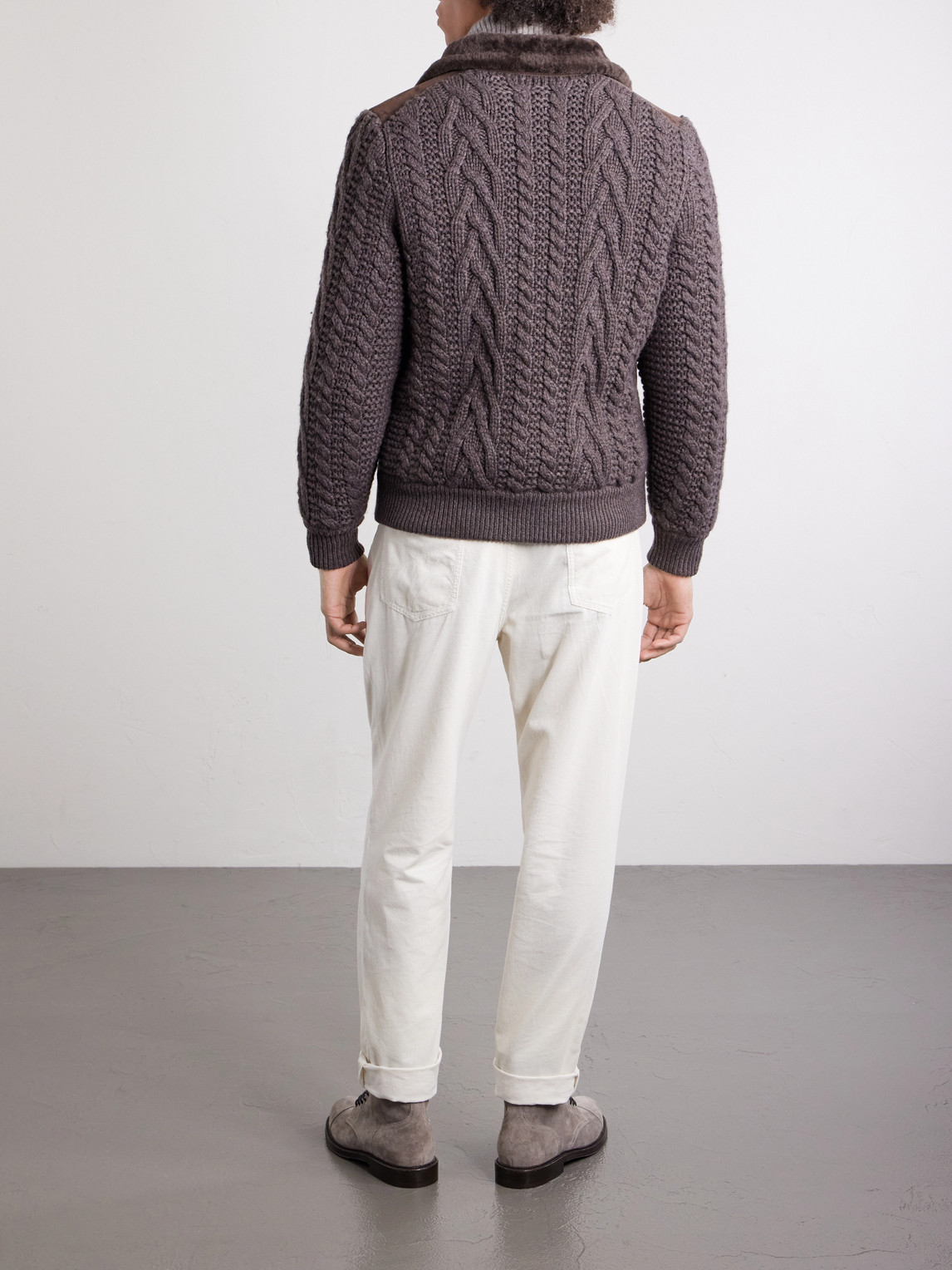 Shearling-Trimmed Cable-Knit Cashmere And Suede Jacket