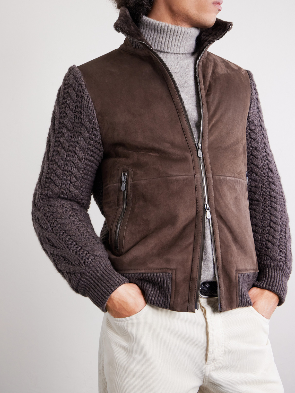 Shearling-Trimmed Cable-Knit Cashmere And Suede Jacket