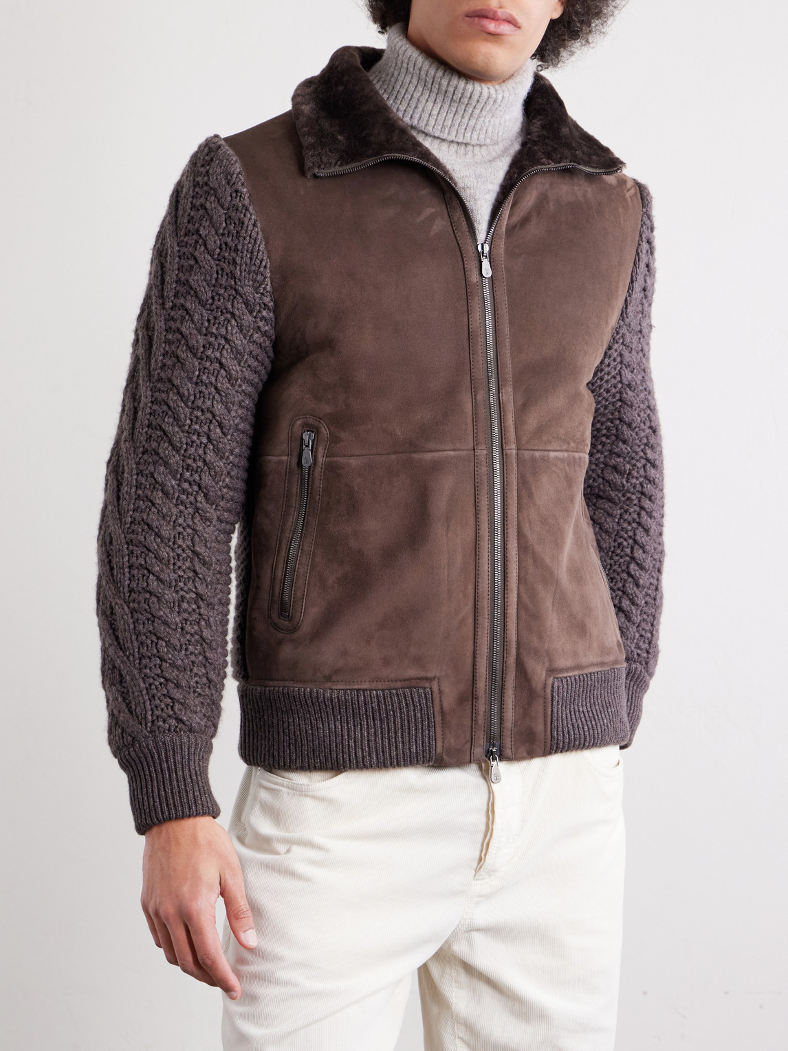 Shearling-Trimmed Cable-Knit Cashmere And Suede Jacket