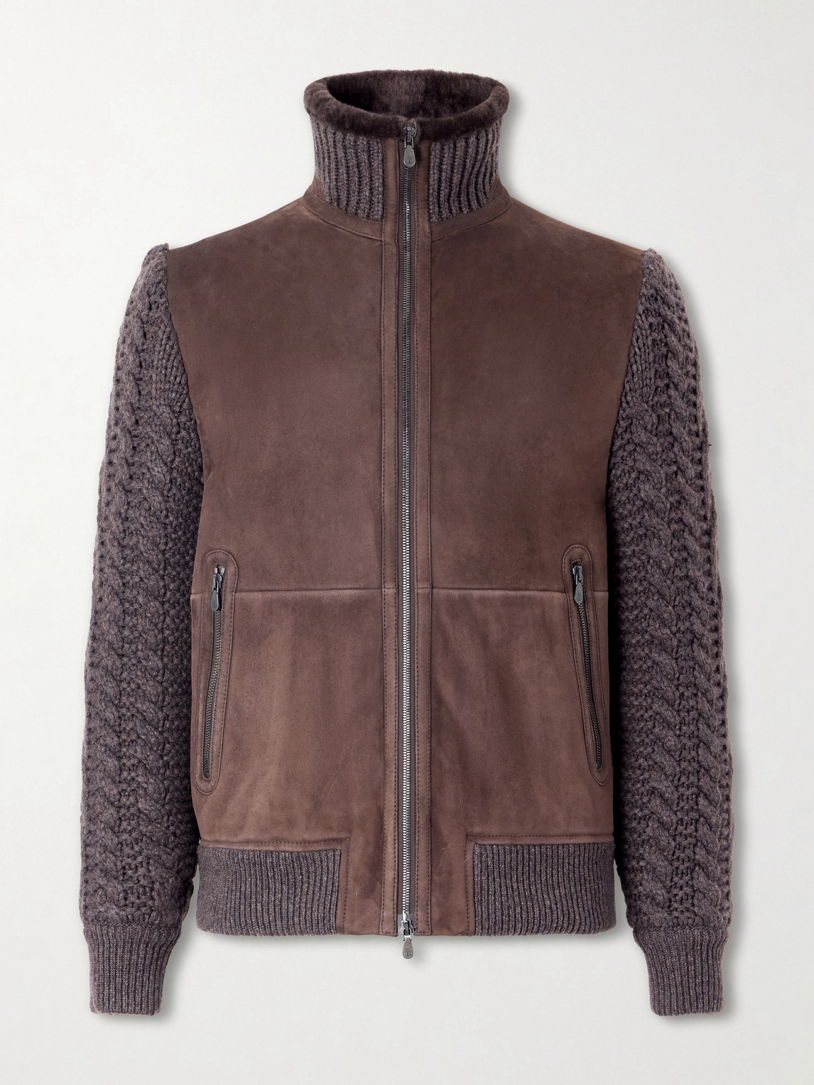 Shearling-Trimmed Cable-Knit Cashmere And Suede Jacket