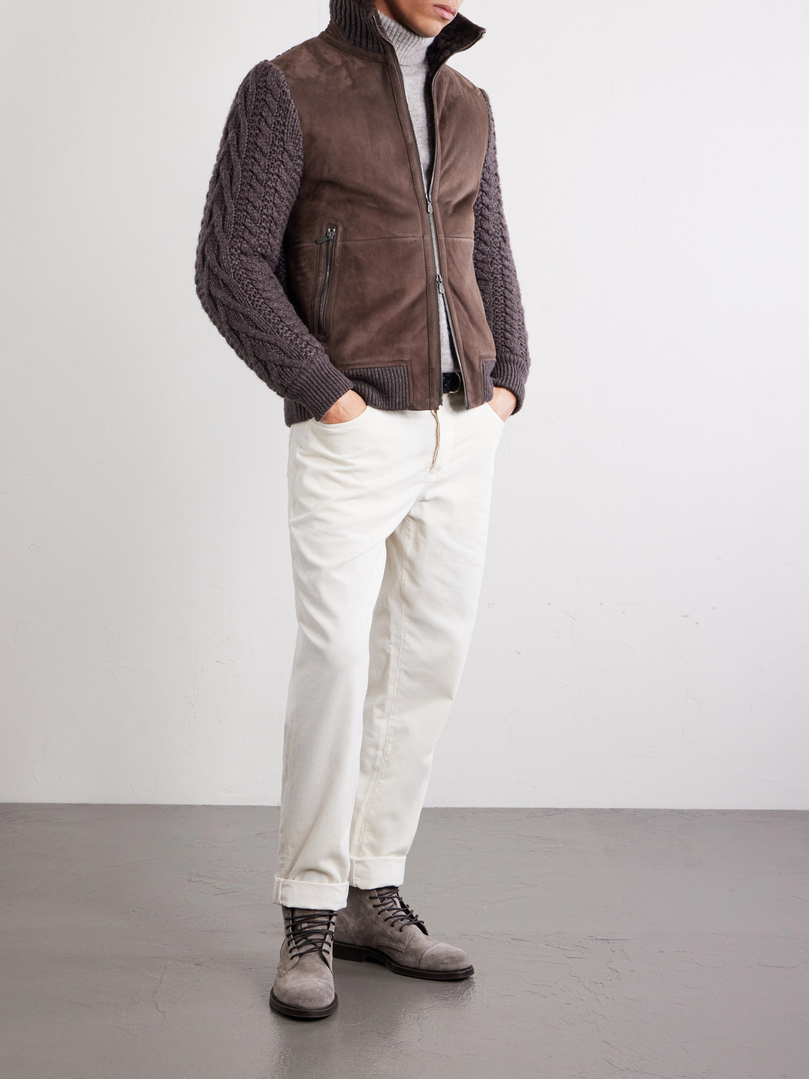 Shearling-Trimmed Cable-Knit Cashmere And Suede Jacket