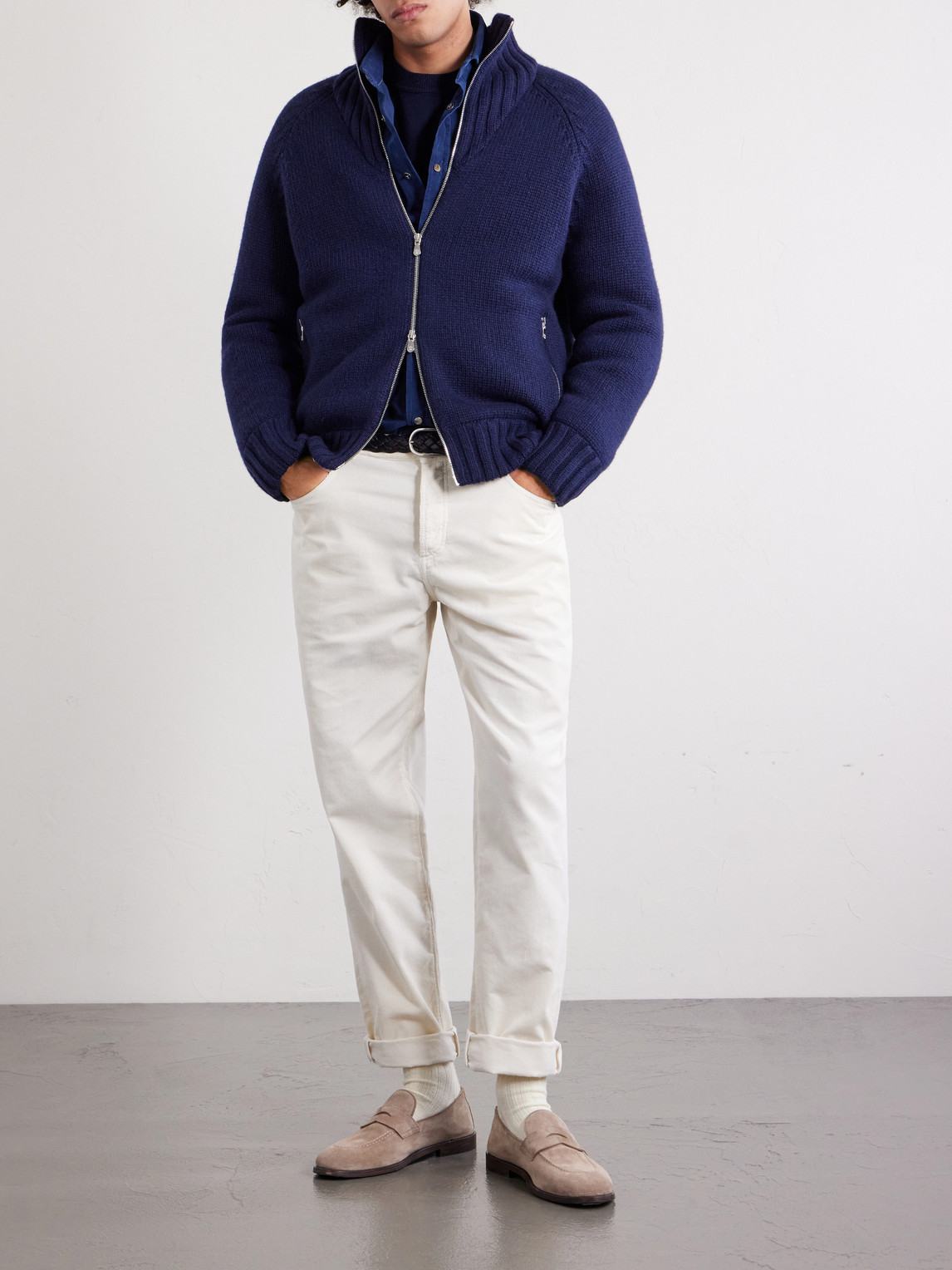 Cashmere Zip-Up Down Cardigan