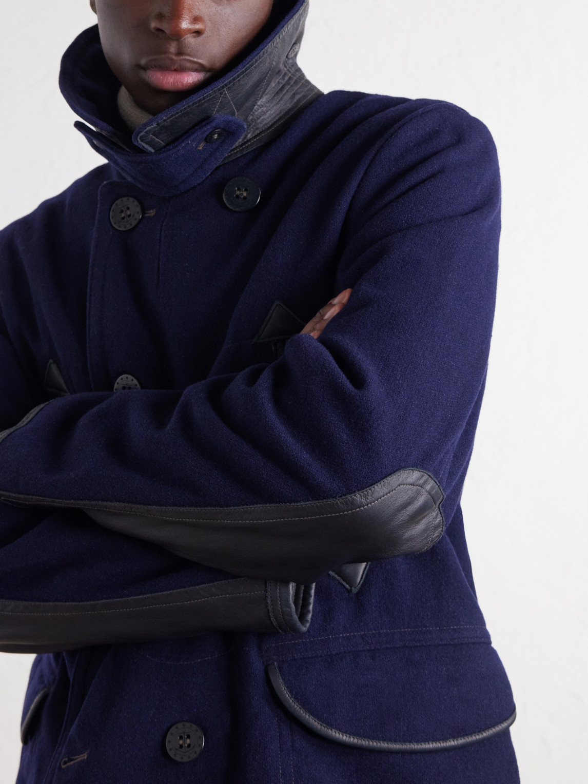Leather-Trimmed Wool-Blend Coat