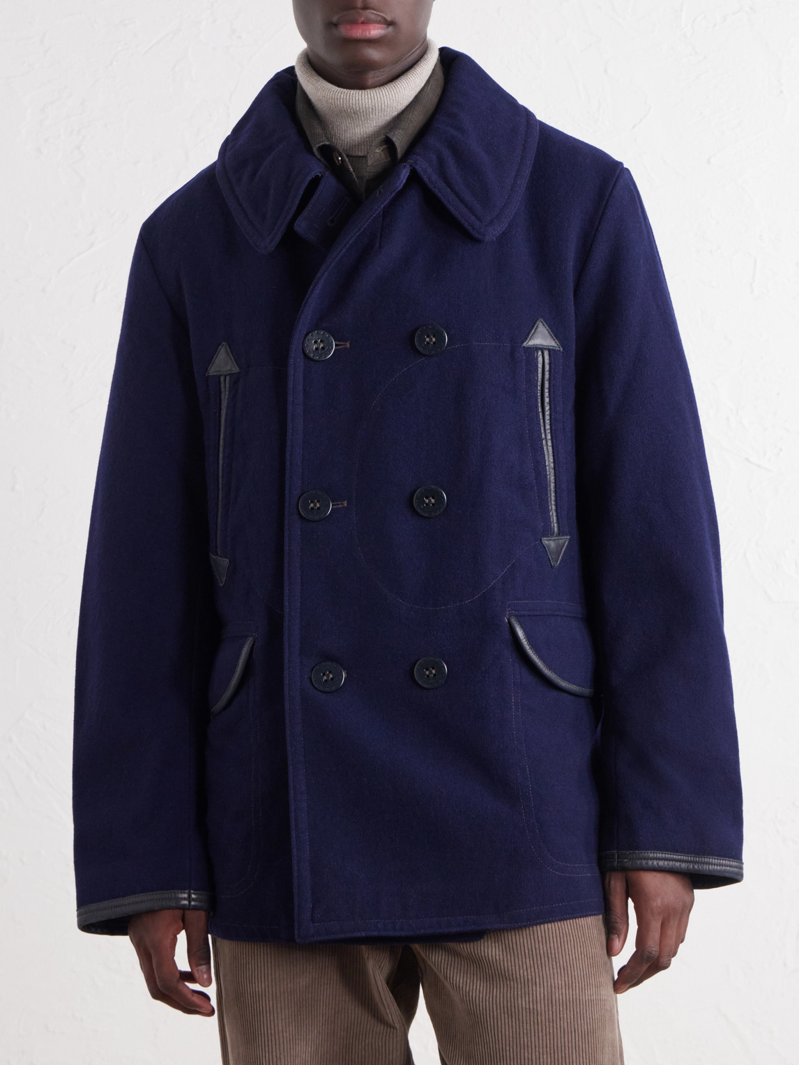 Leather-Trimmed Wool-Blend Coat