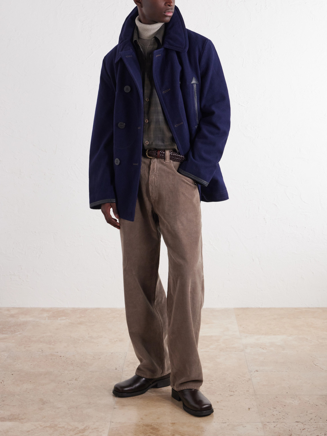 Leather-Trimmed Wool-Blend Coat