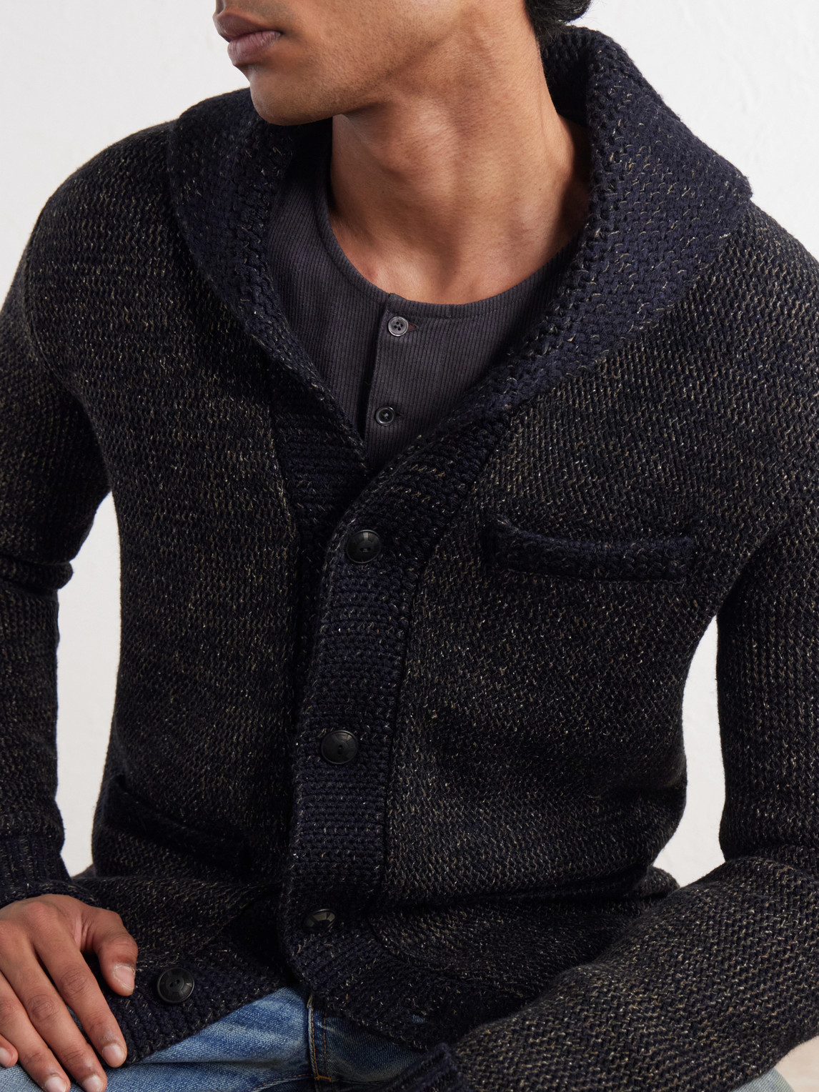 Shawl-Collar Mélange Wool, Cotton And Silk-Blend Cardigan