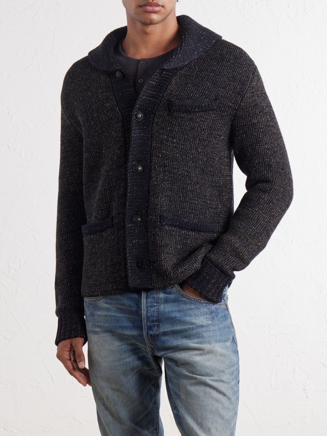Shawl-Collar Mélange Wool, Cotton And Silk-Blend Cardigan
