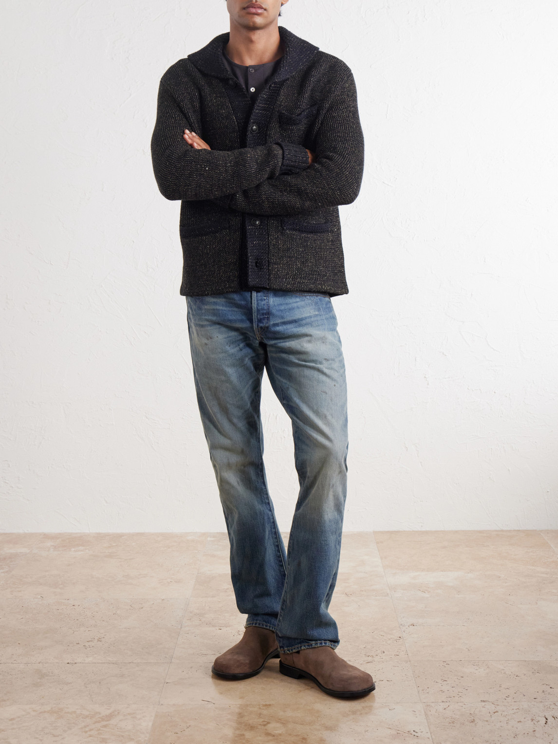 Shawl-Collar Mélange Wool, Cotton And Silk-Blend Cardigan