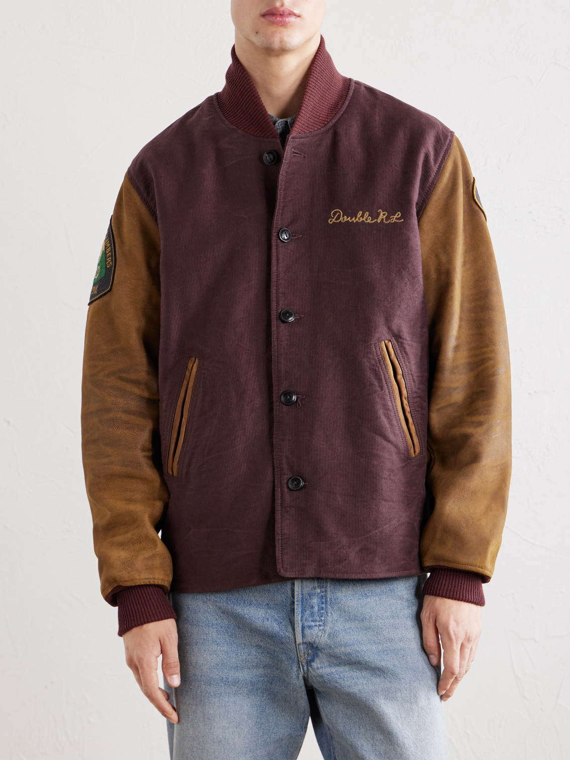 Logo-Embroidered Cotton-Corduroy And Leather Bomber Jacket