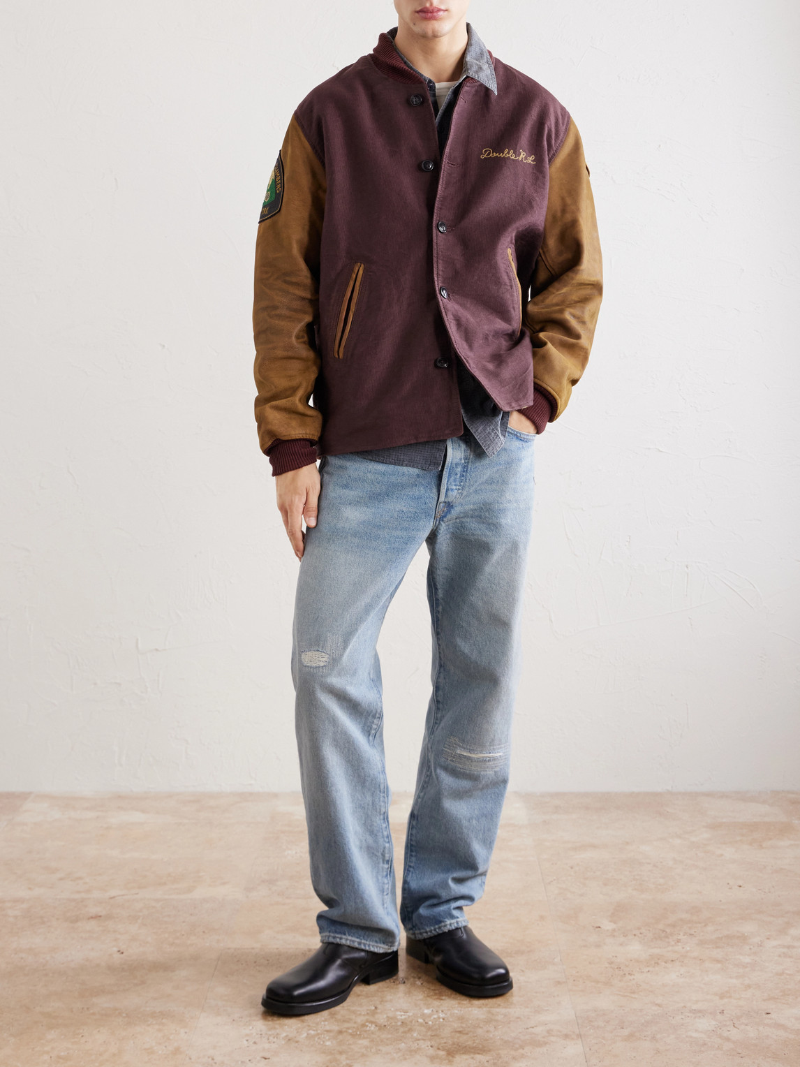 Logo-Embroidered Cotton-Corduroy And Leather Bomber Jacket