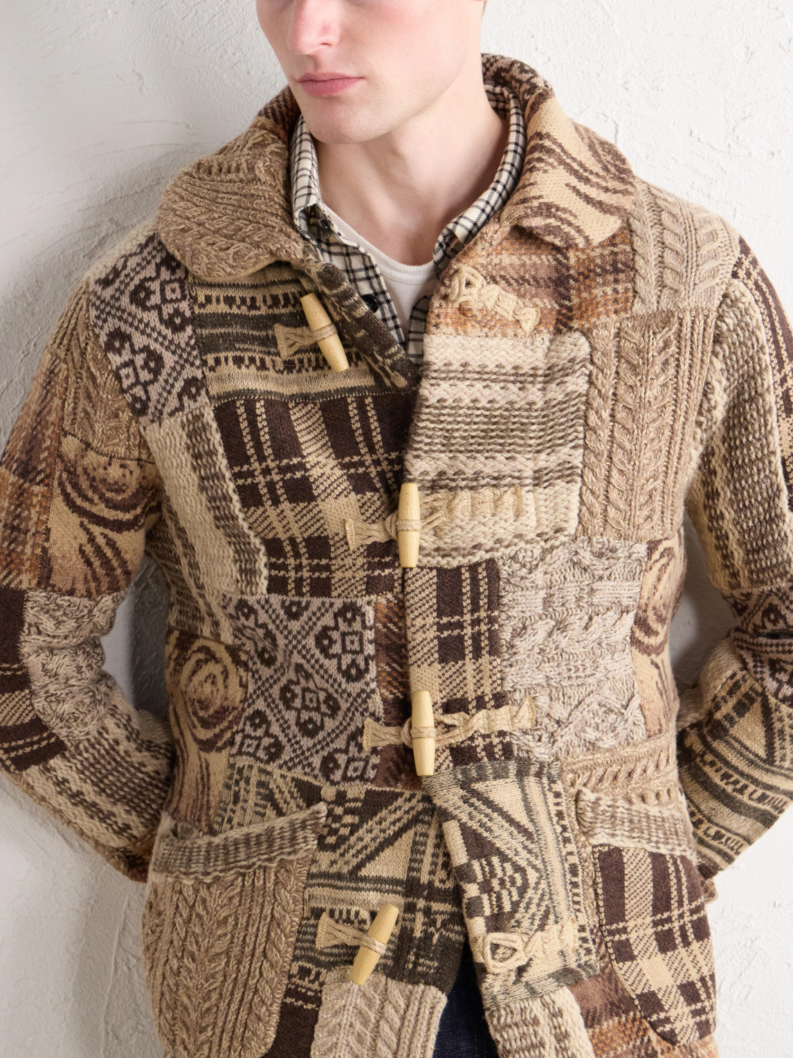 Shawl-Collar Patchwork Wool-Blend Cardigan