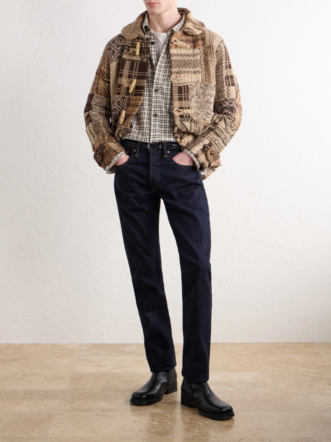 Shawl-Collar Patchwork Wool-Blend Cardigan