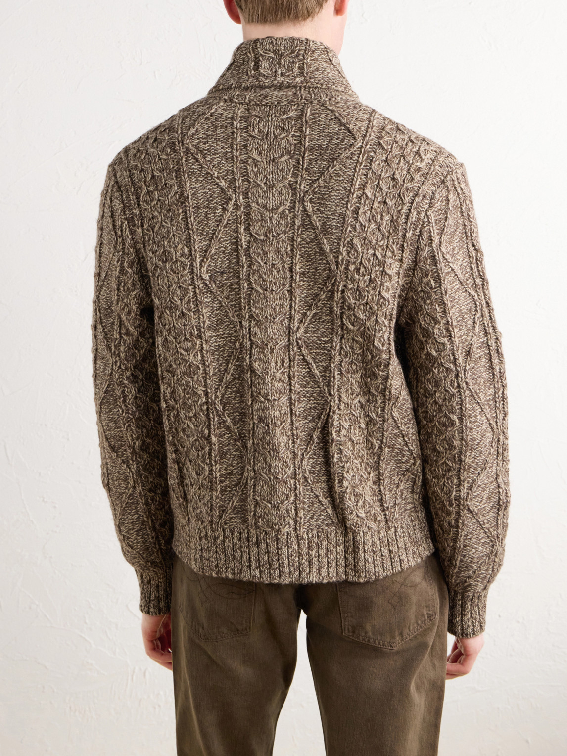 Shawl-Collar Aran Cable-Knit Wool, Cotton And Linen-Blend Zip-Up Cardigan