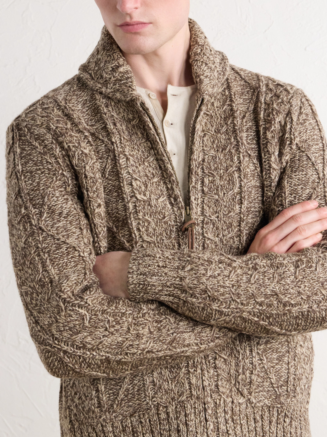 Shawl-Collar Aran Cable-Knit Wool, Cotton And Linen-Blend Zip-Up Cardigan