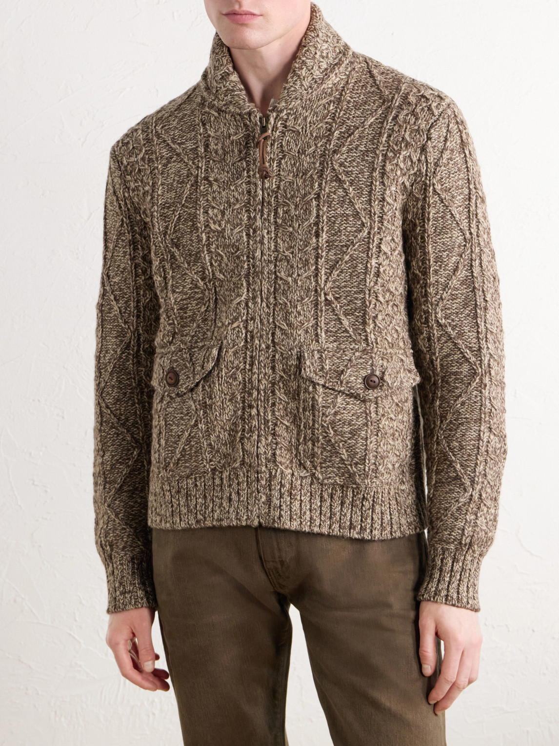 Shawl-Collar Aran Cable-Knit Wool, Cotton And Linen-Blend Zip-Up Cardigan