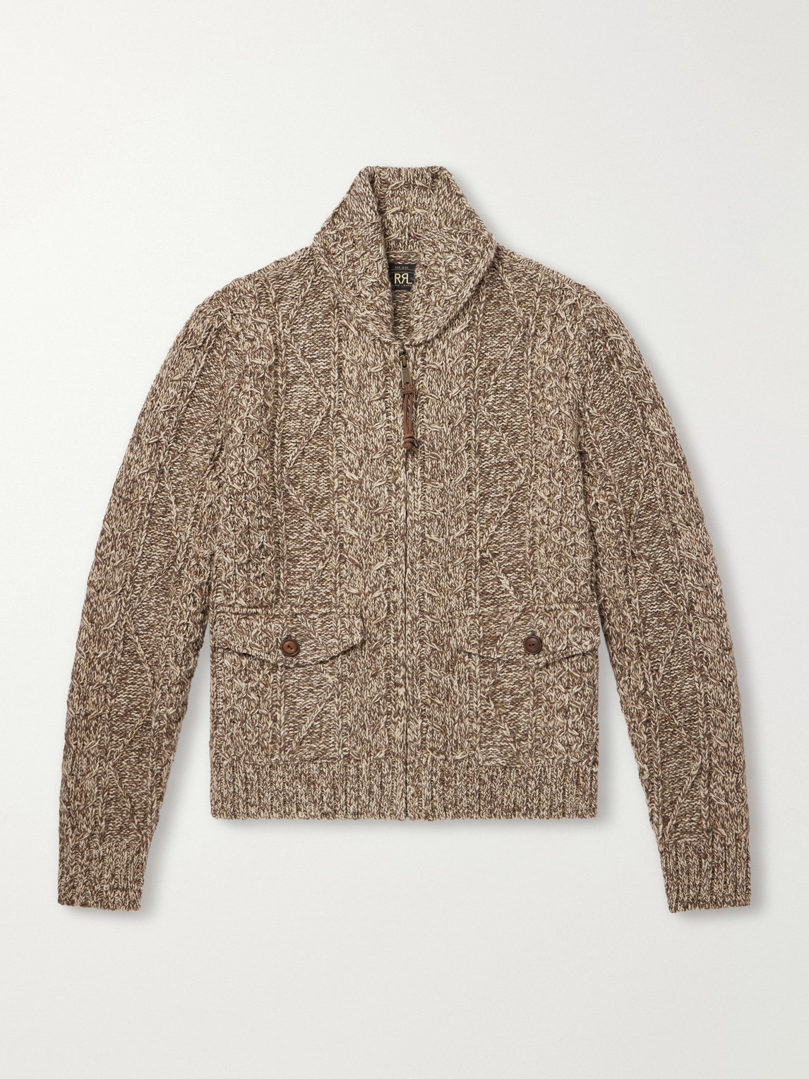 Shawl-Collar Aran Cable-Knit Wool, Cotton And Linen-Blend Zip-Up Cardigan