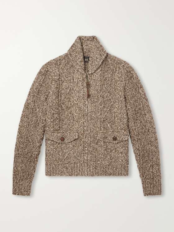 RRL Shawl-Collar Aran Cable-Knit Wool, Cotton and Linen-Blend Zip-Up Cardigan
