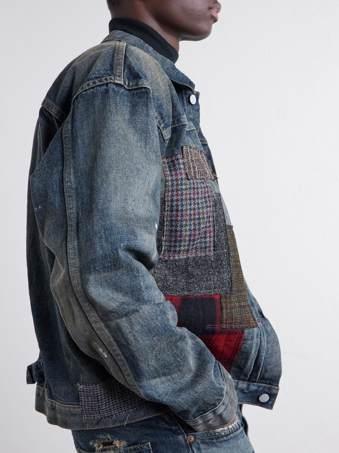 Patchwork Distressed Paint-Splattered Denim Jacket