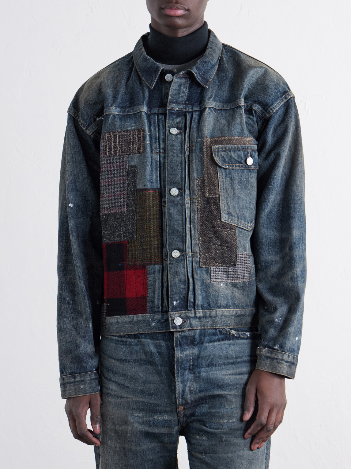 Patchwork Distressed Paint-Splattered Denim Jacket