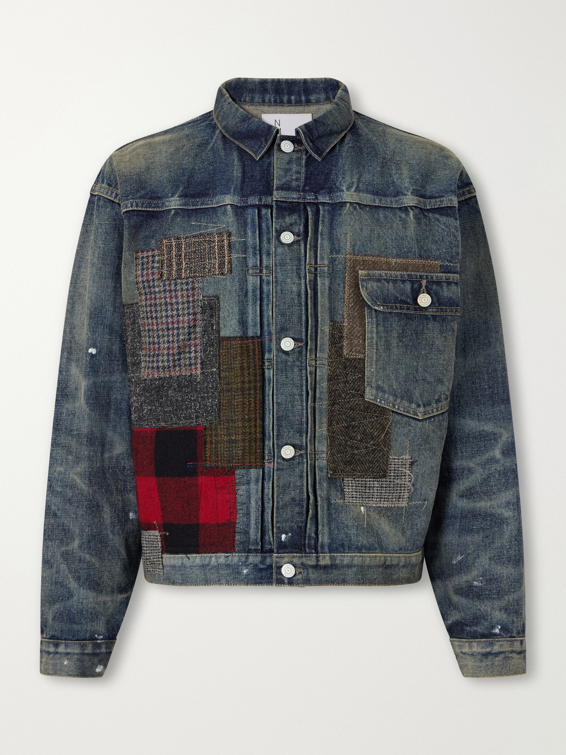 Junya Watanabe Patchwork Distressed Paint-splattered Denim Jacket In Blue