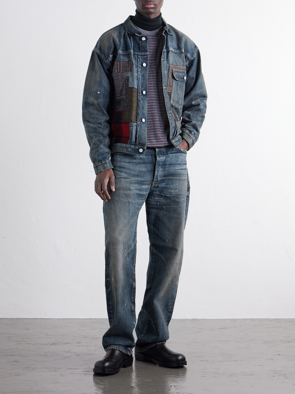 Patchwork Distressed Paint-Splattered Denim Jacket