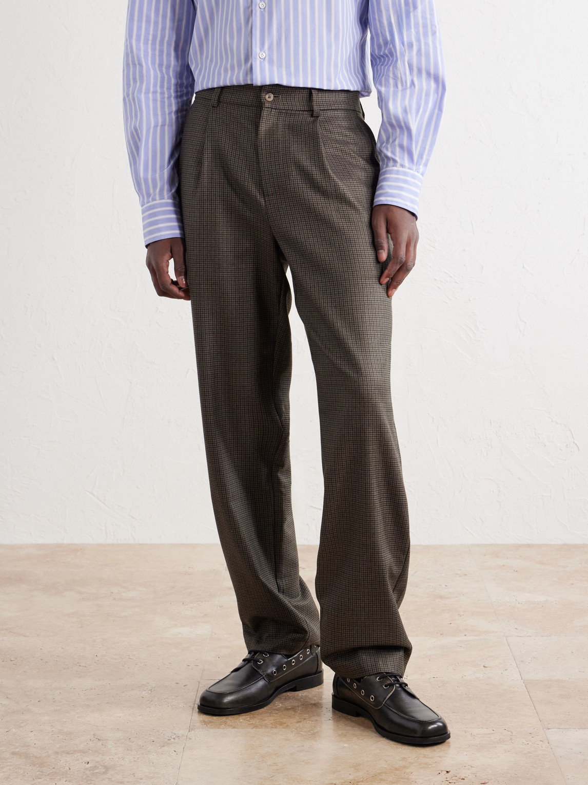 Straight-Leg Pleated Puppytooth Wool-Flannel Trousers
