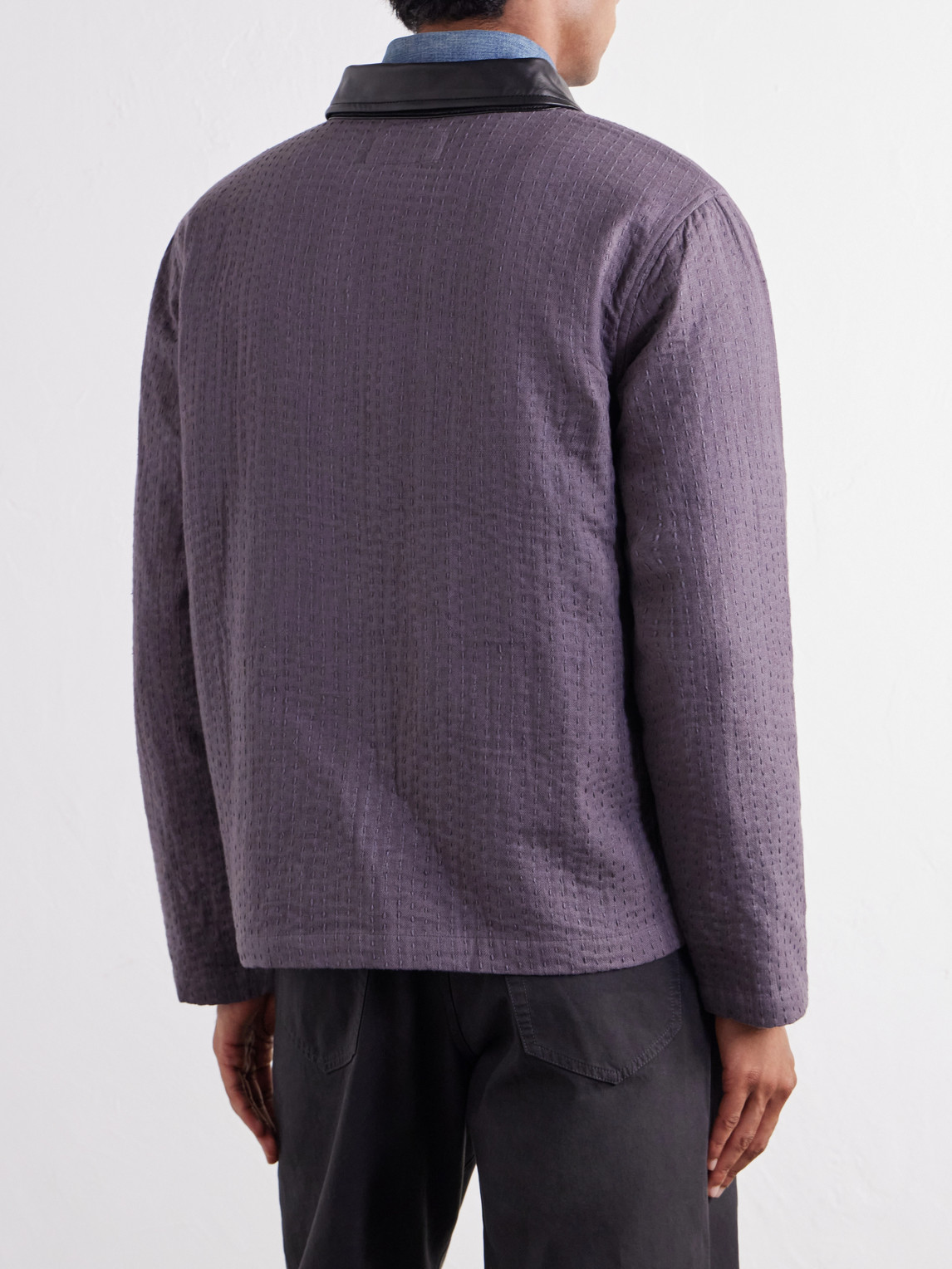 Kantha Leather-Trimmed Embroidered Cotton Blouson Jacket
