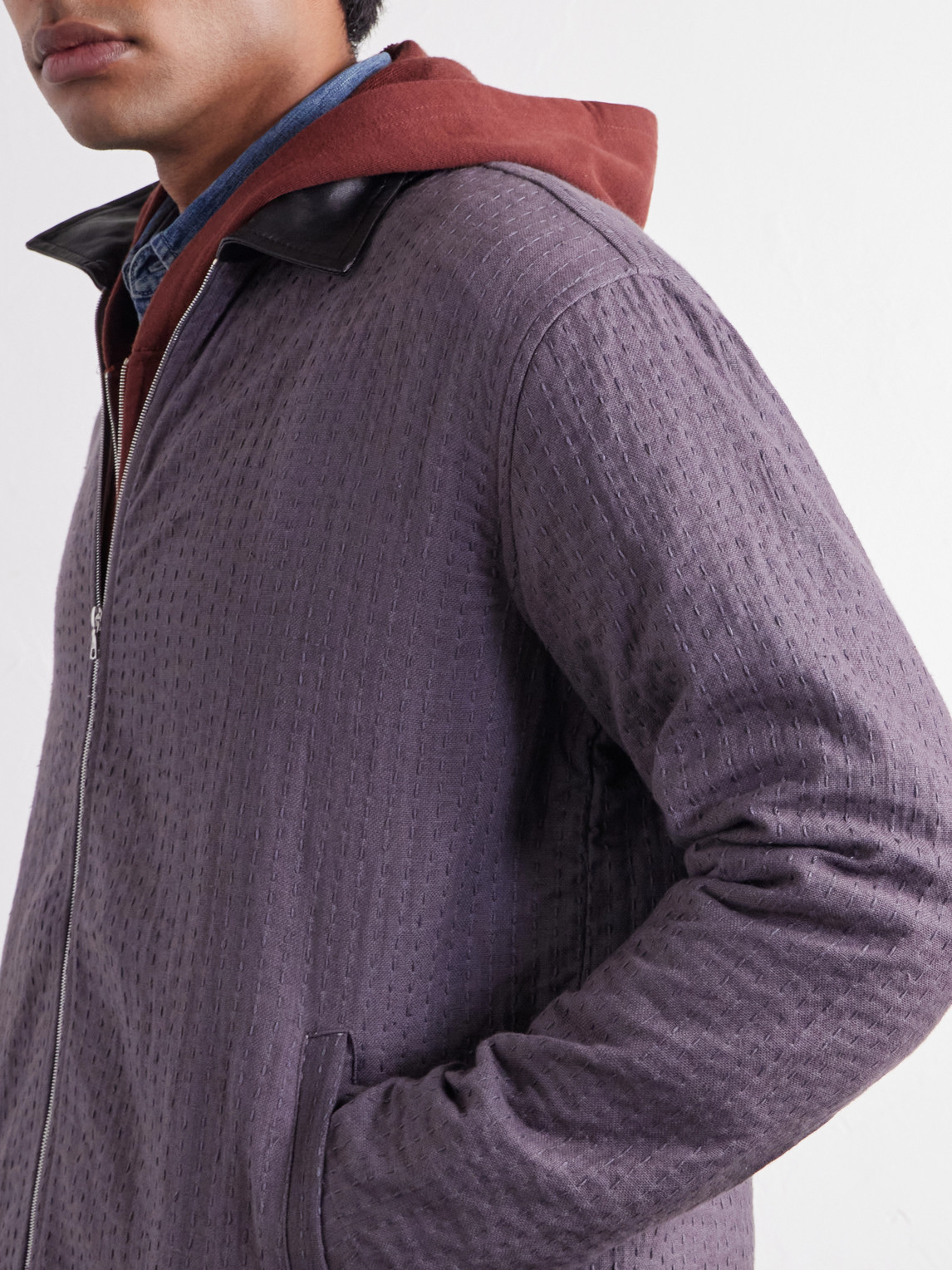 Kantha Leather-Trimmed Embroidered Cotton Blouson Jacket
