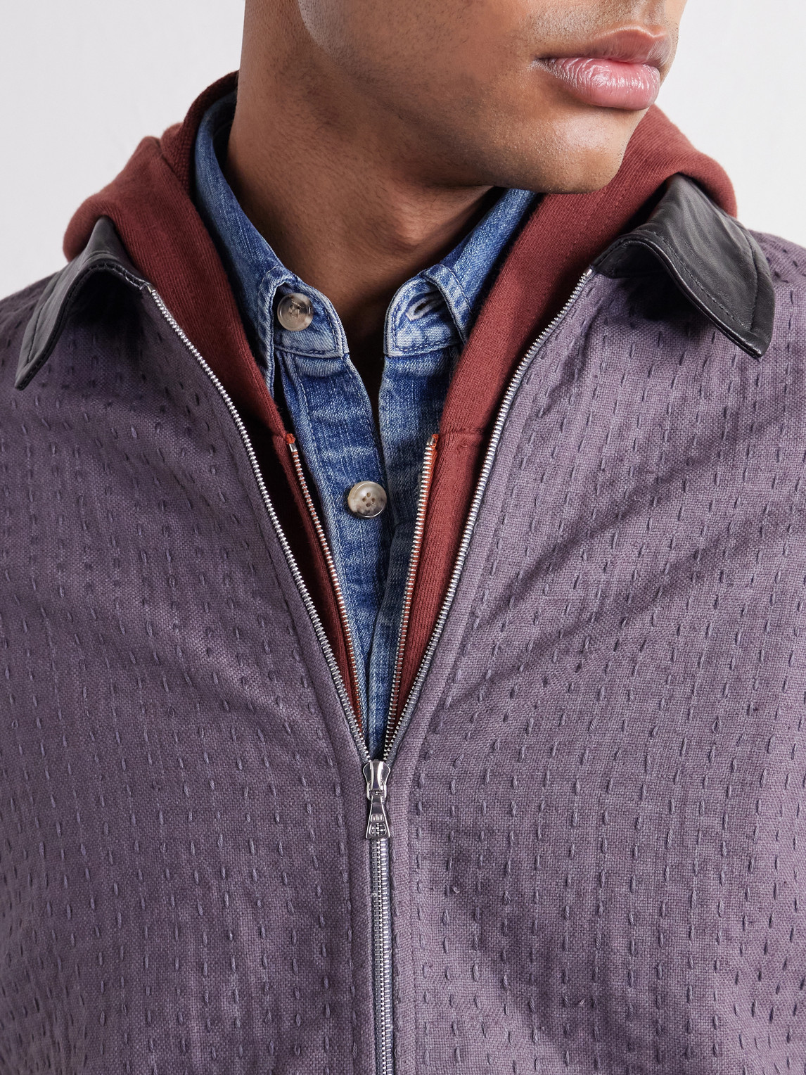 Kantha Leather-Trimmed Embroidered Cotton Blouson Jacket