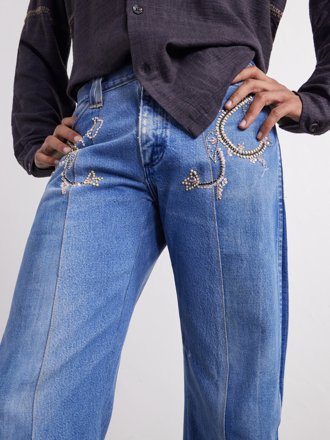 Straight-Leg Distressed Bead-Embellished Jeans