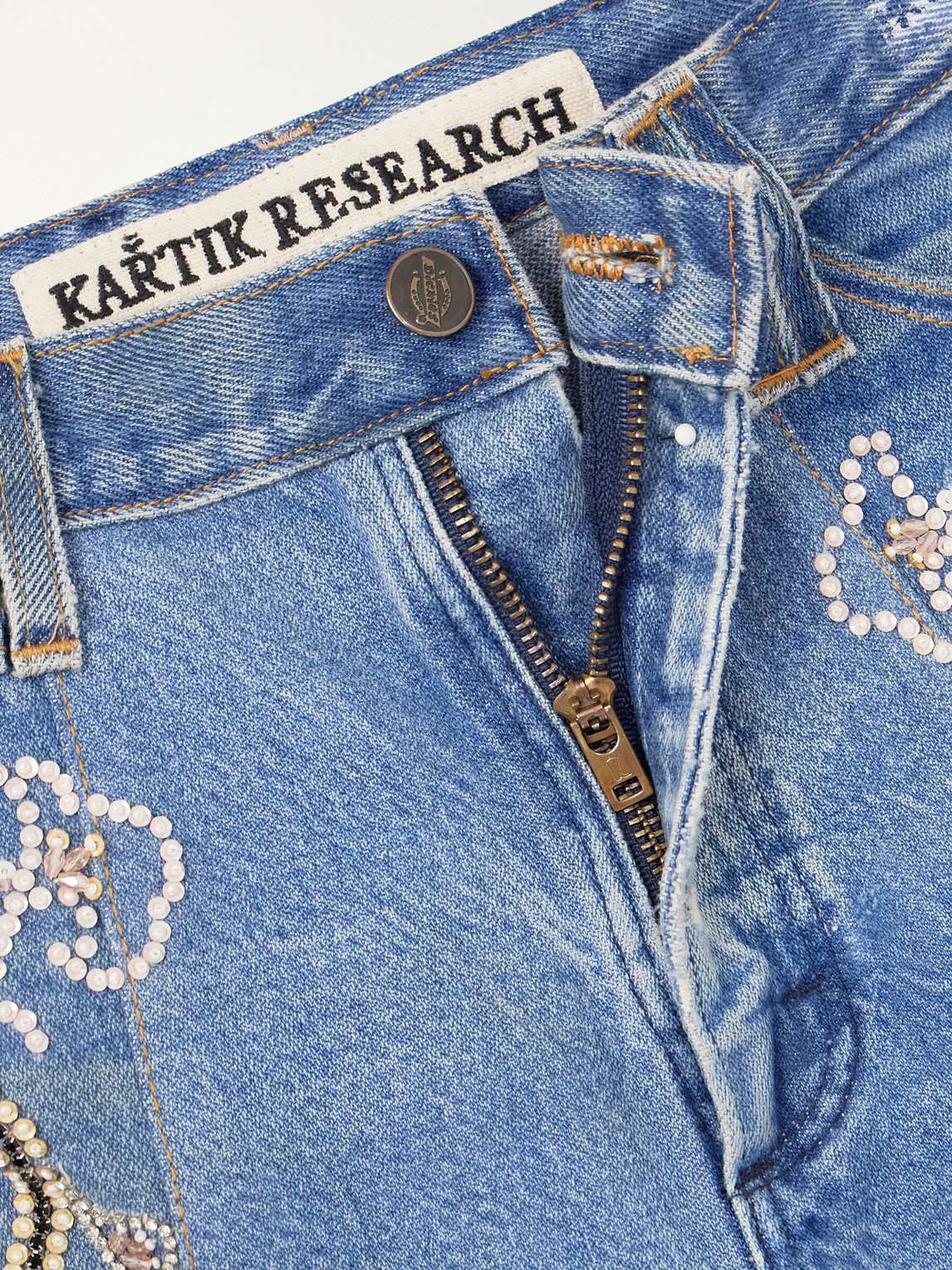 Straight-Leg Distressed Bead-Embellished Jeans