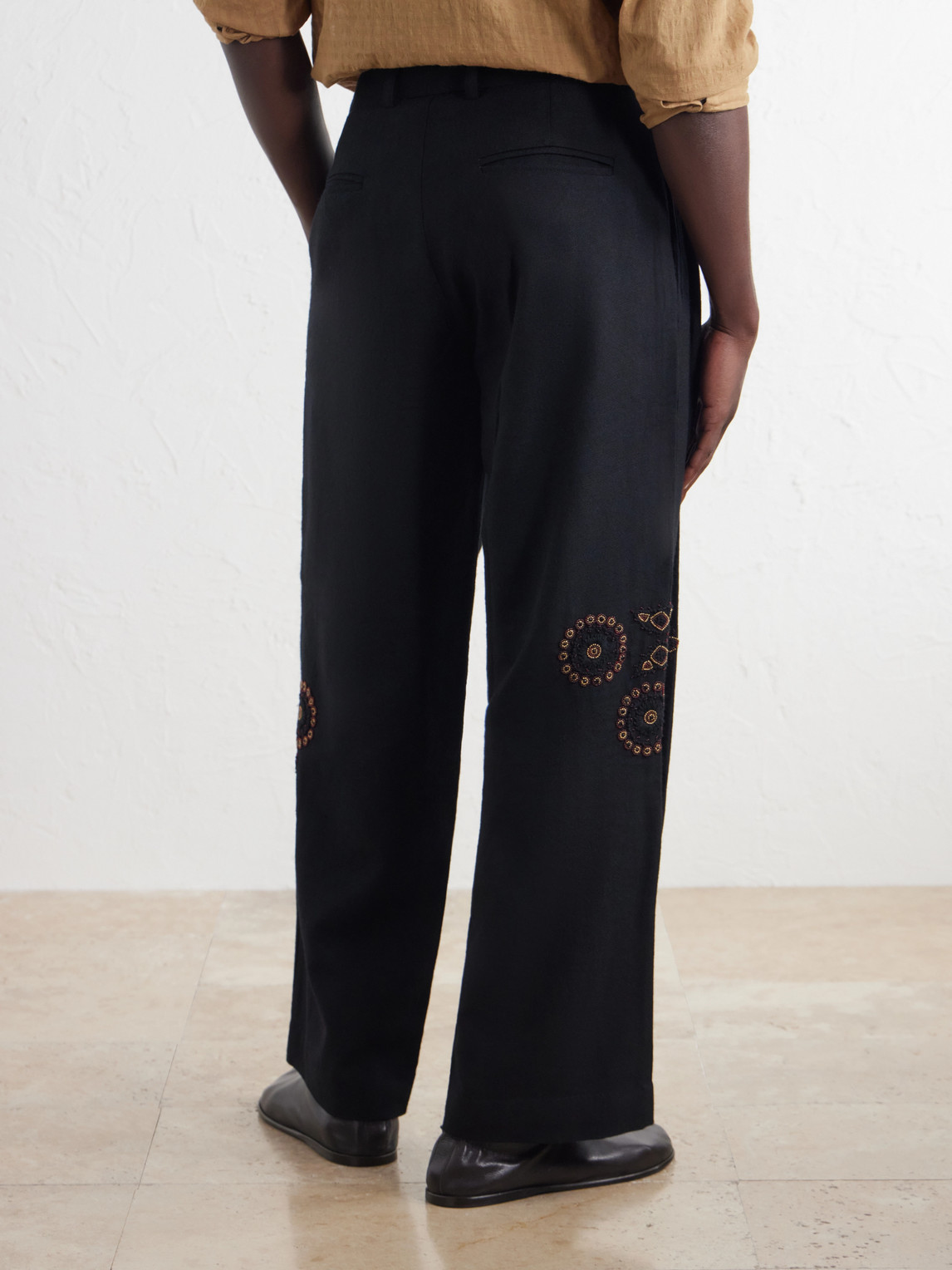 Straight-Leg Pleated Bead-Embroidered Wool Trousers