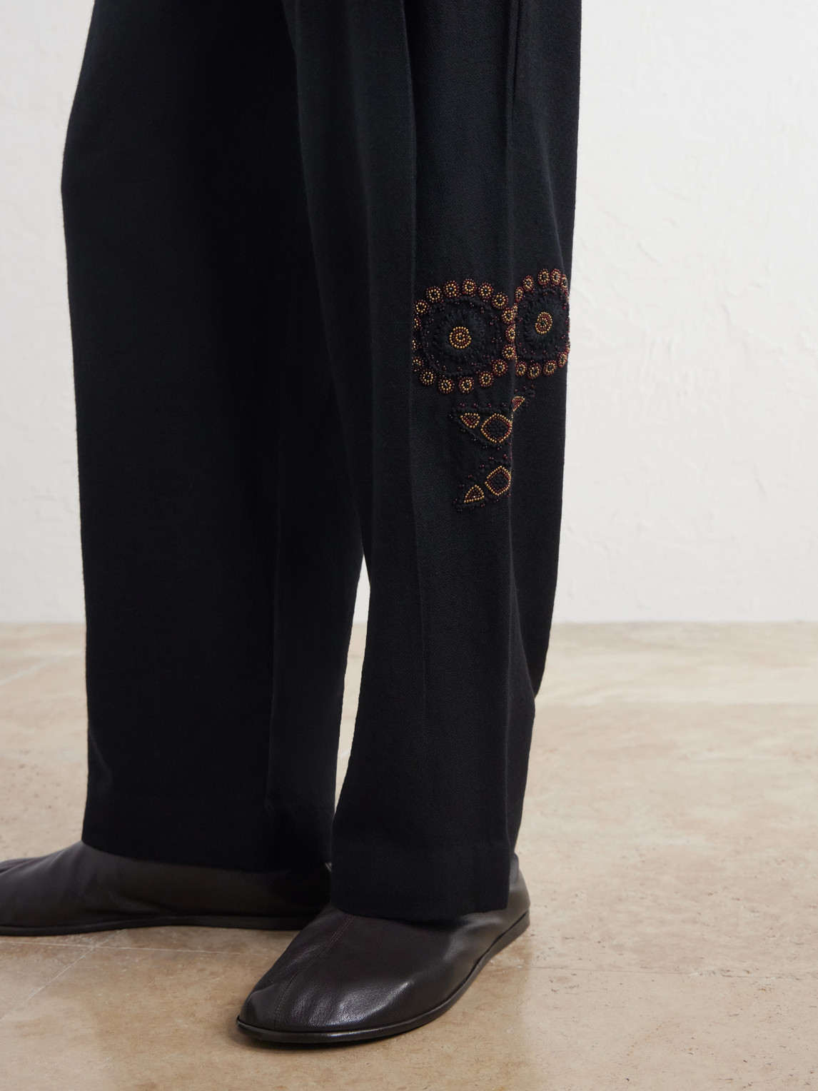 Straight-Leg Pleated Bead-Embroidered Wool Trousers