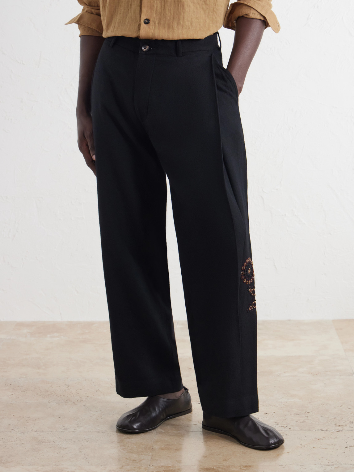 Straight-Leg Pleated Bead-Embroidered Wool Trousers