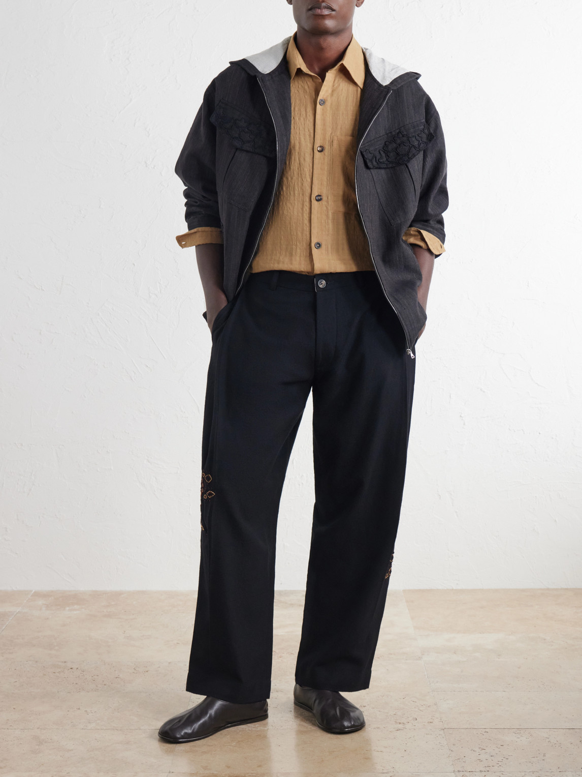Straight-Leg Pleated Bead-Embroidered Wool Trousers