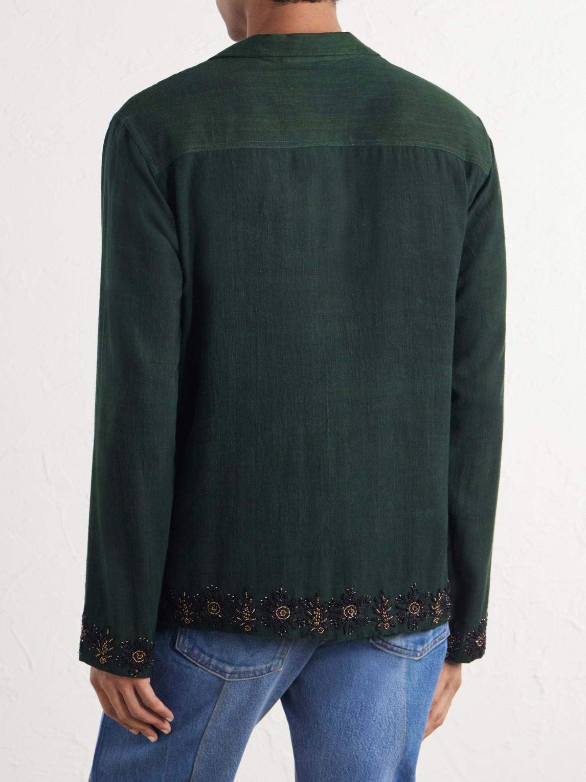 Camp-Collar Bead-Embellished Embroidered Cotton Shirt