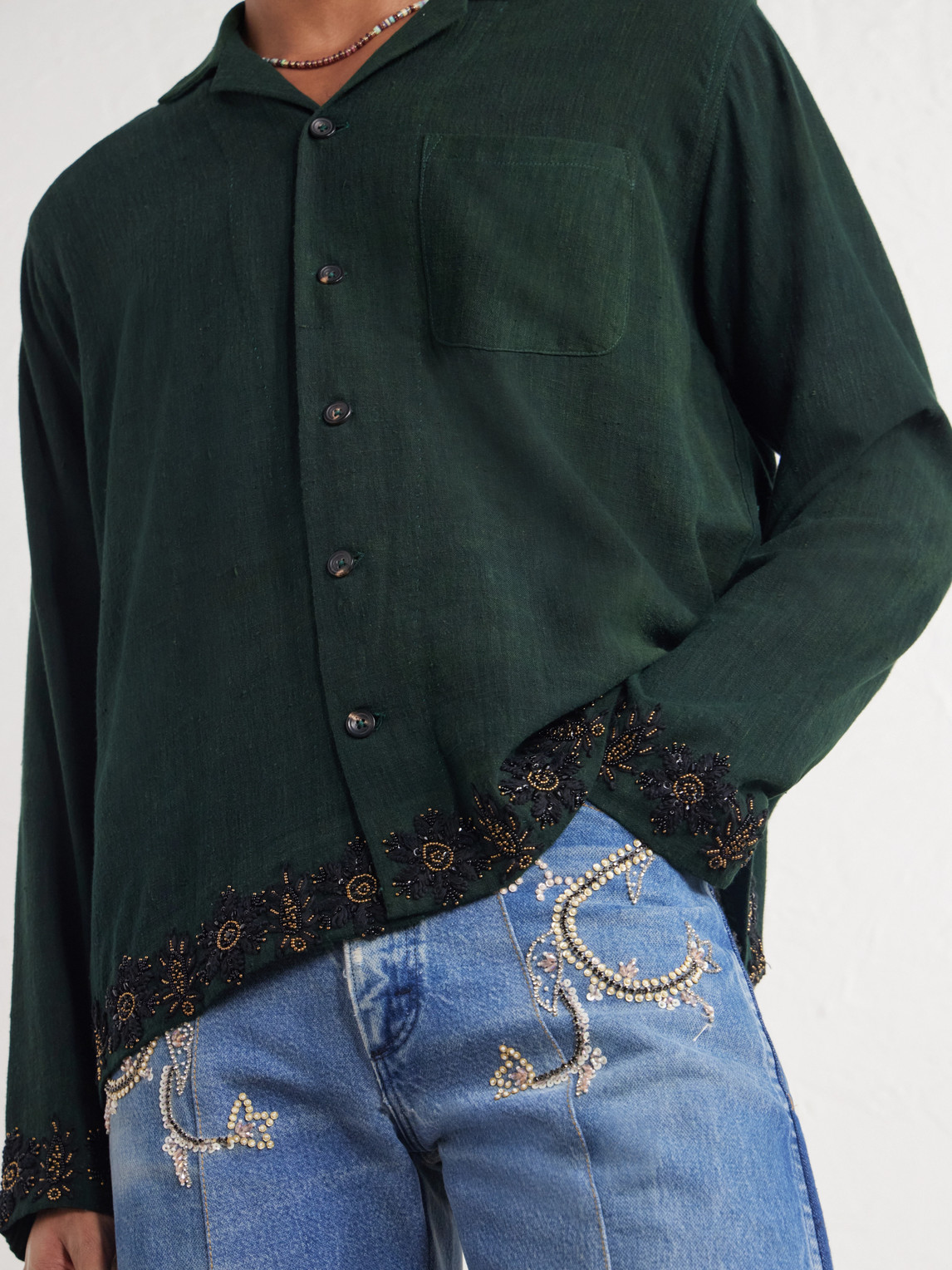 Camp-Collar Bead-Embellished Embroidered Cotton Shirt