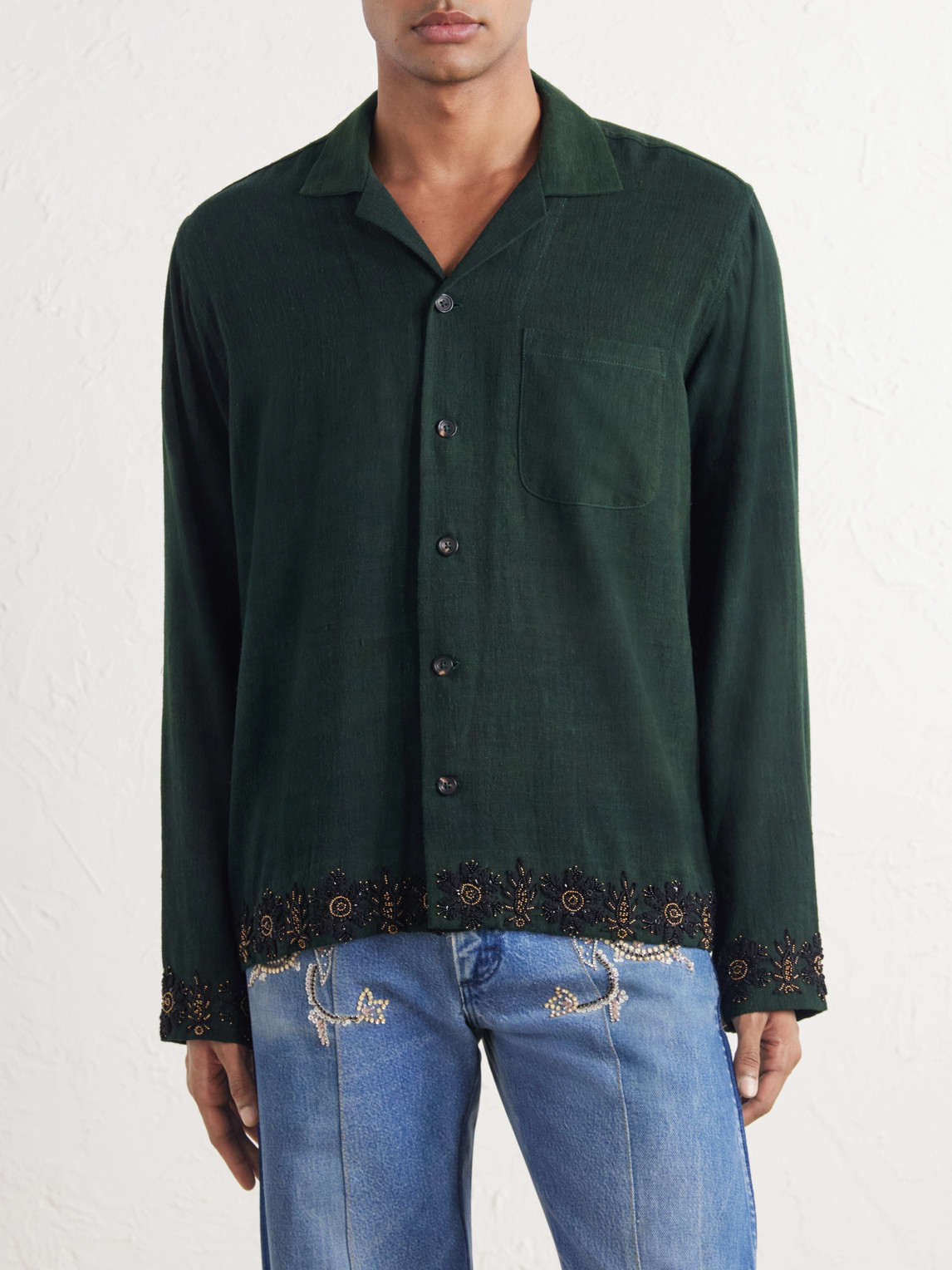 Camp-Collar Bead-Embellished Embroidered Cotton Shirt