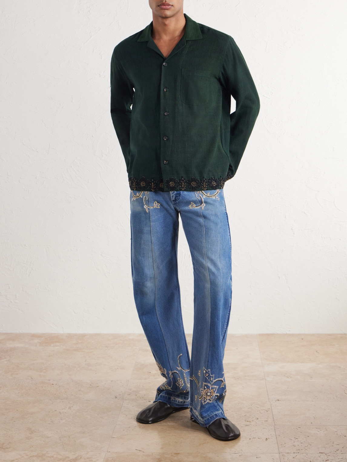 Camp-Collar Bead-Embellished Embroidered Cotton Shirt