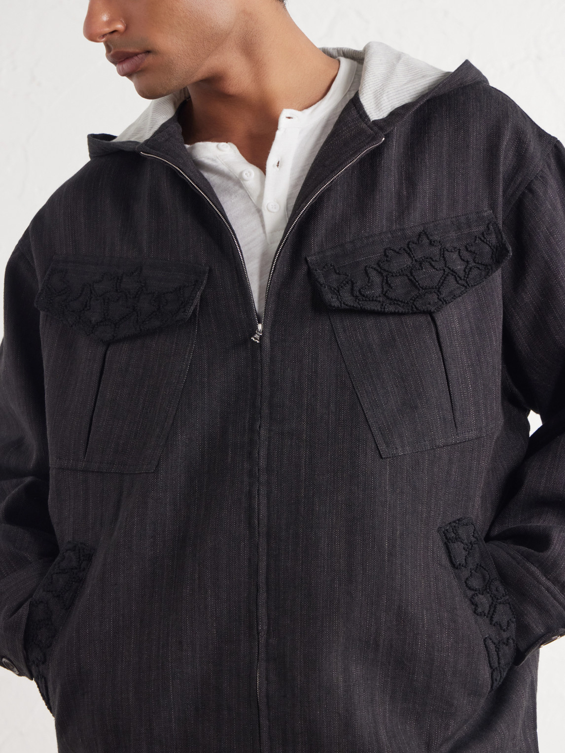 Hooded Embroidered Wool And Linen-Blend Canvas Jacket