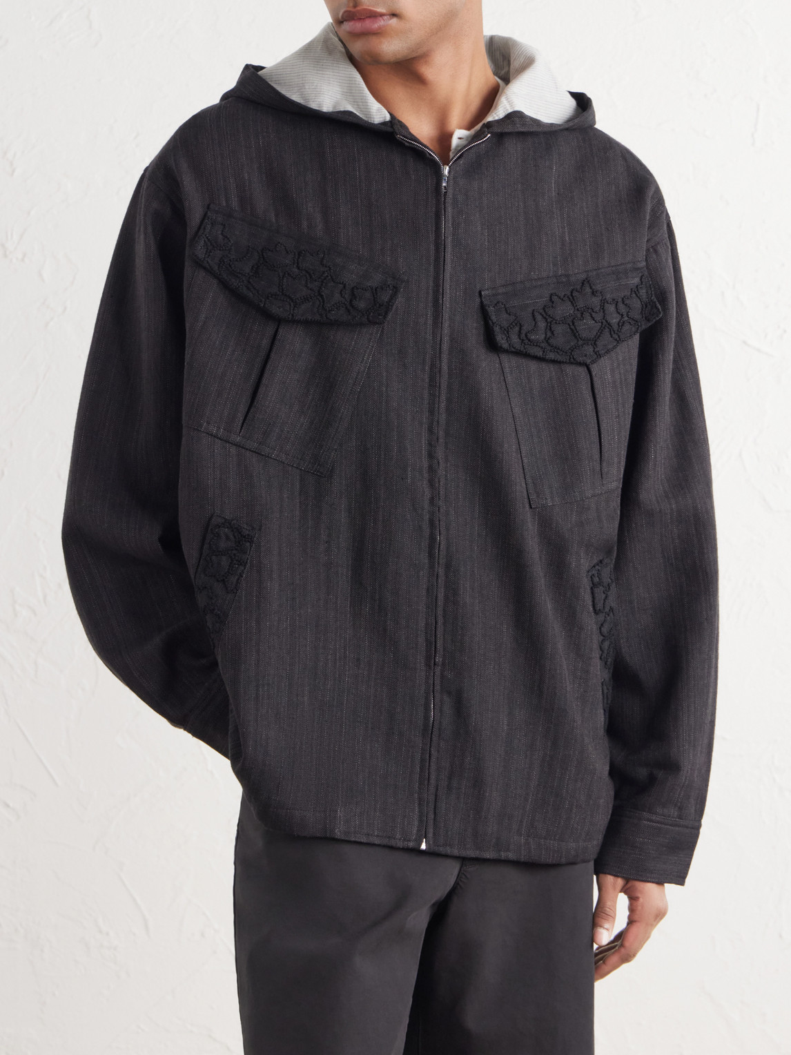 Hooded Embroidered Wool And Linen-Blend Canvas Jacket