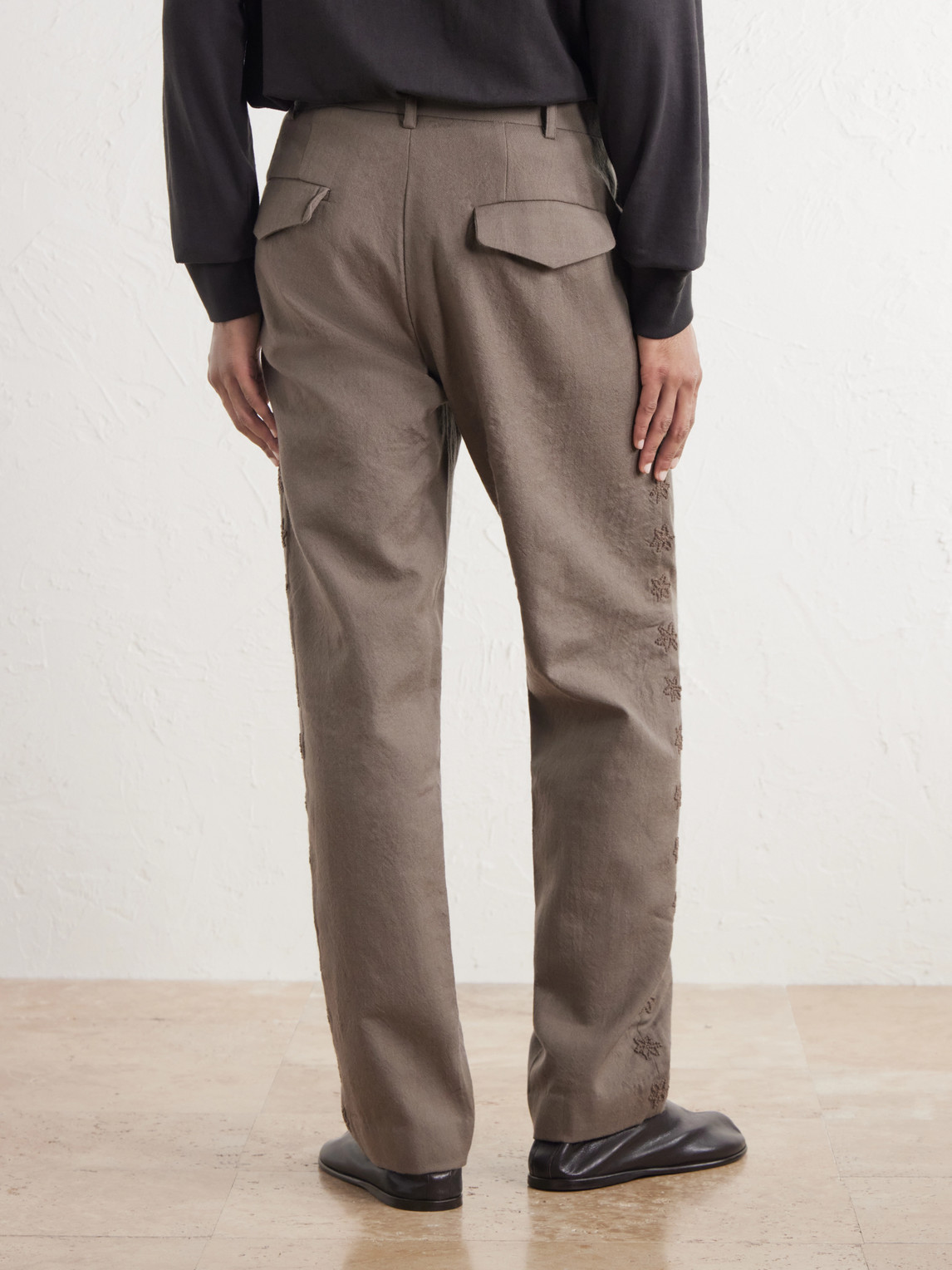 Embroidered Pleated Straight-Leg Wool-Canvas Trousers