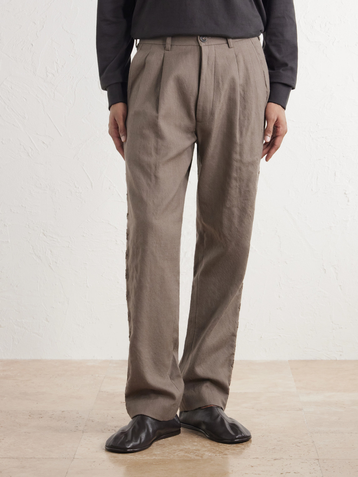 Embroidered Pleated Straight-Leg Wool-Canvas Trousers