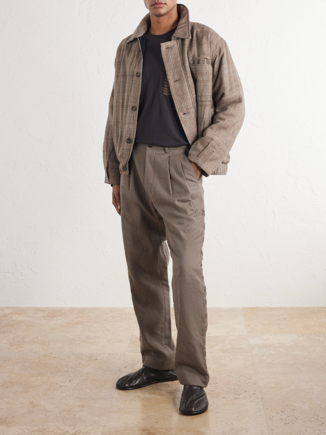 Embroidered Pleated Straight-Leg Wool-Canvas Trousers