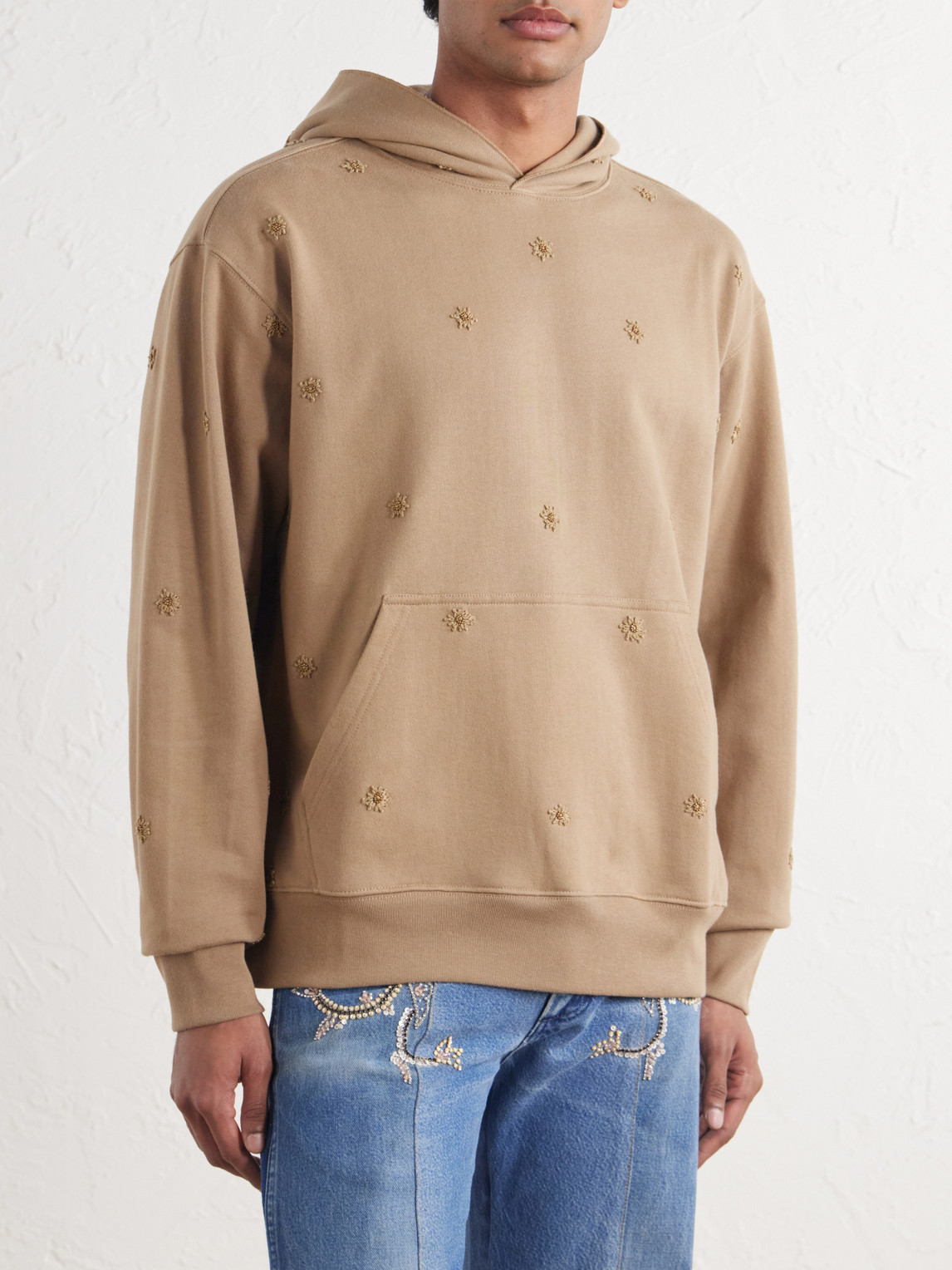 Bead-Embellished Embroidered Cotton-Jersey Hoodie