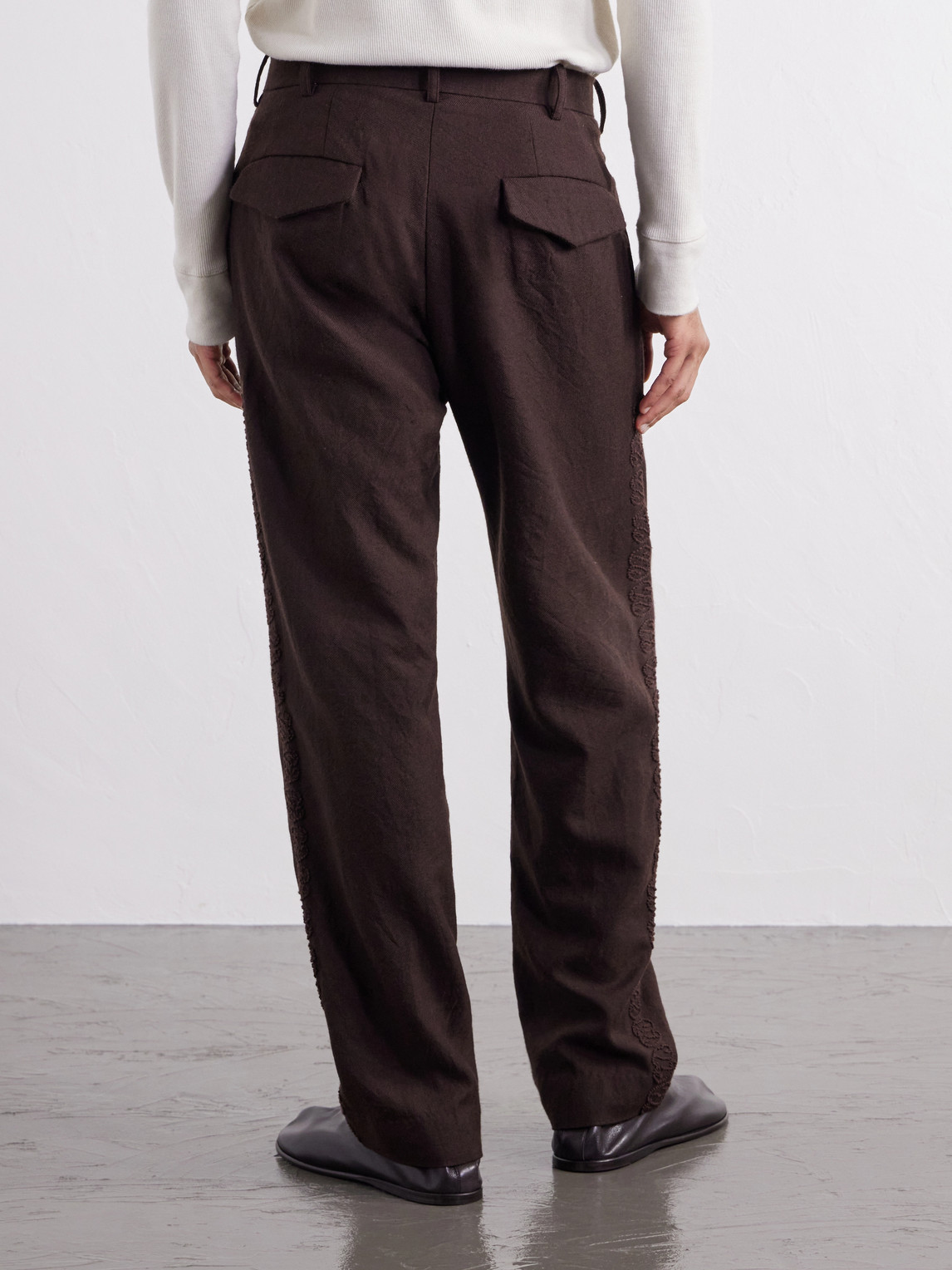 Straight-Leg Pleated Embroidered Wool-Twill Trousers
