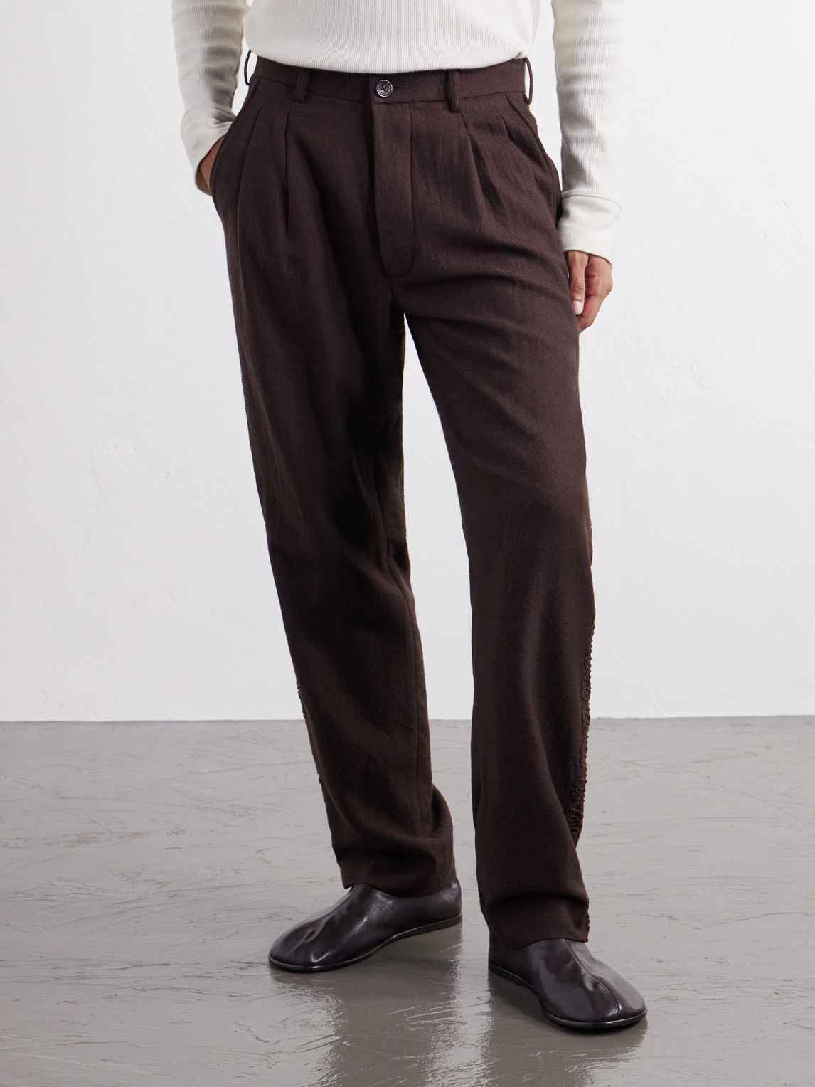 Straight-Leg Pleated Embroidered Wool-Twill Trousers